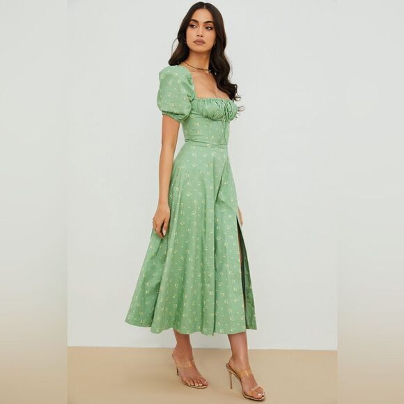 House of Cb Tallulah Olive Midi Green Dress Floral Puff Sleeve Size XS - Picture 6 of 14
